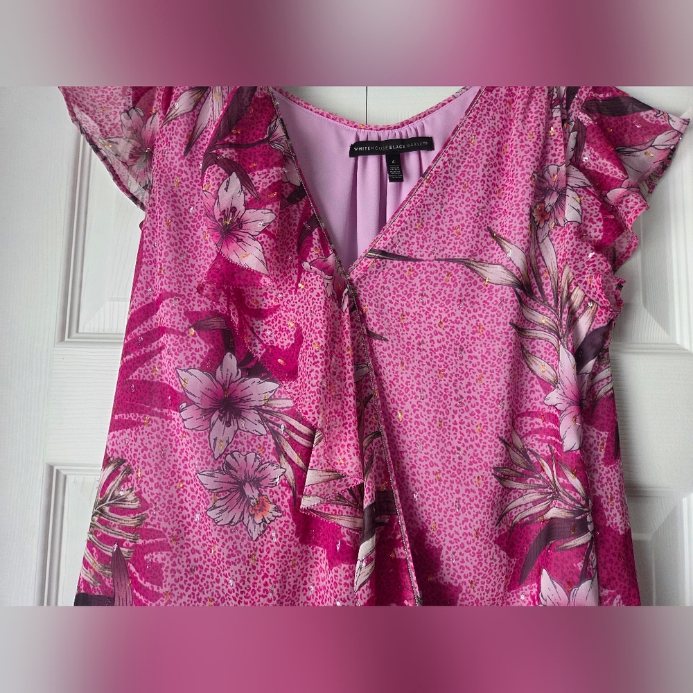 White House Black Market Pink Floral Blouse Size 4 - Picture 6 of 15